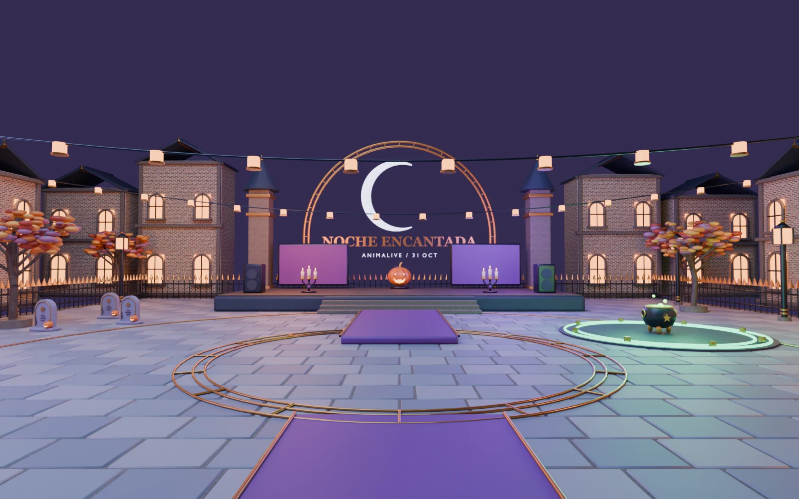 La plaza de la Noche encantada: escenario con la luna, pantallas, pasarela morada, caldero y lápidas entre casas iluminadas